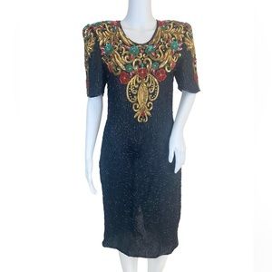 Vintage SCALA MILAN PARIS Designer Beaded Sequined Silk Party Dress size S